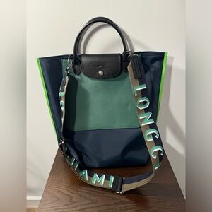 LONGCHAMP Cabas Tote Navy Canvas/ Green Leather with Strap BRAND NEW